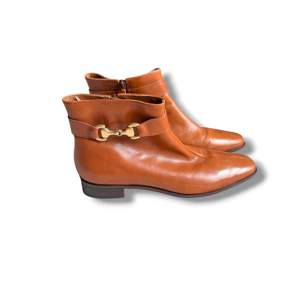 Talbots Ankle Boots Womens 7.5B Cognac Leather Horsebit Square Toe Riding Brazil